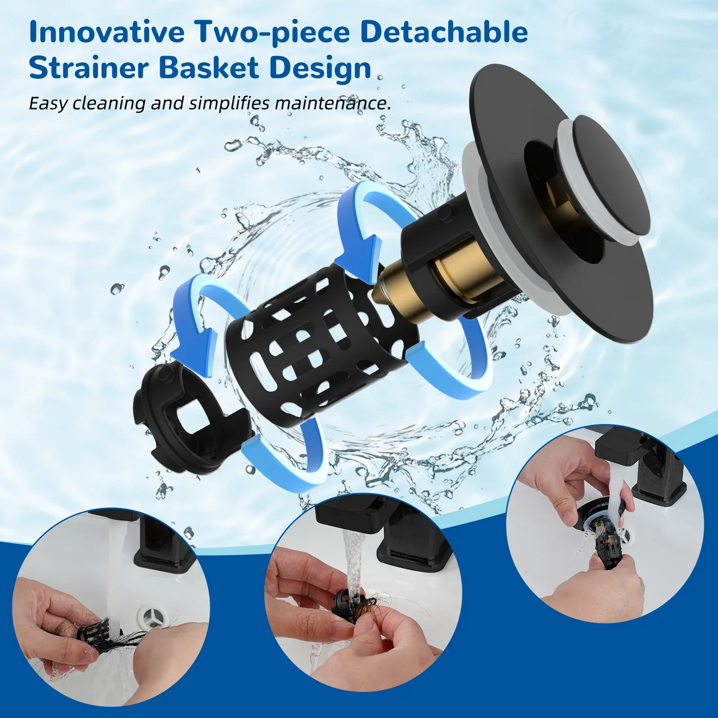 3-in-1 Bathroom Sink Drain Strainer – Pop-Up Stopper with Removable Stainless Steel Basket