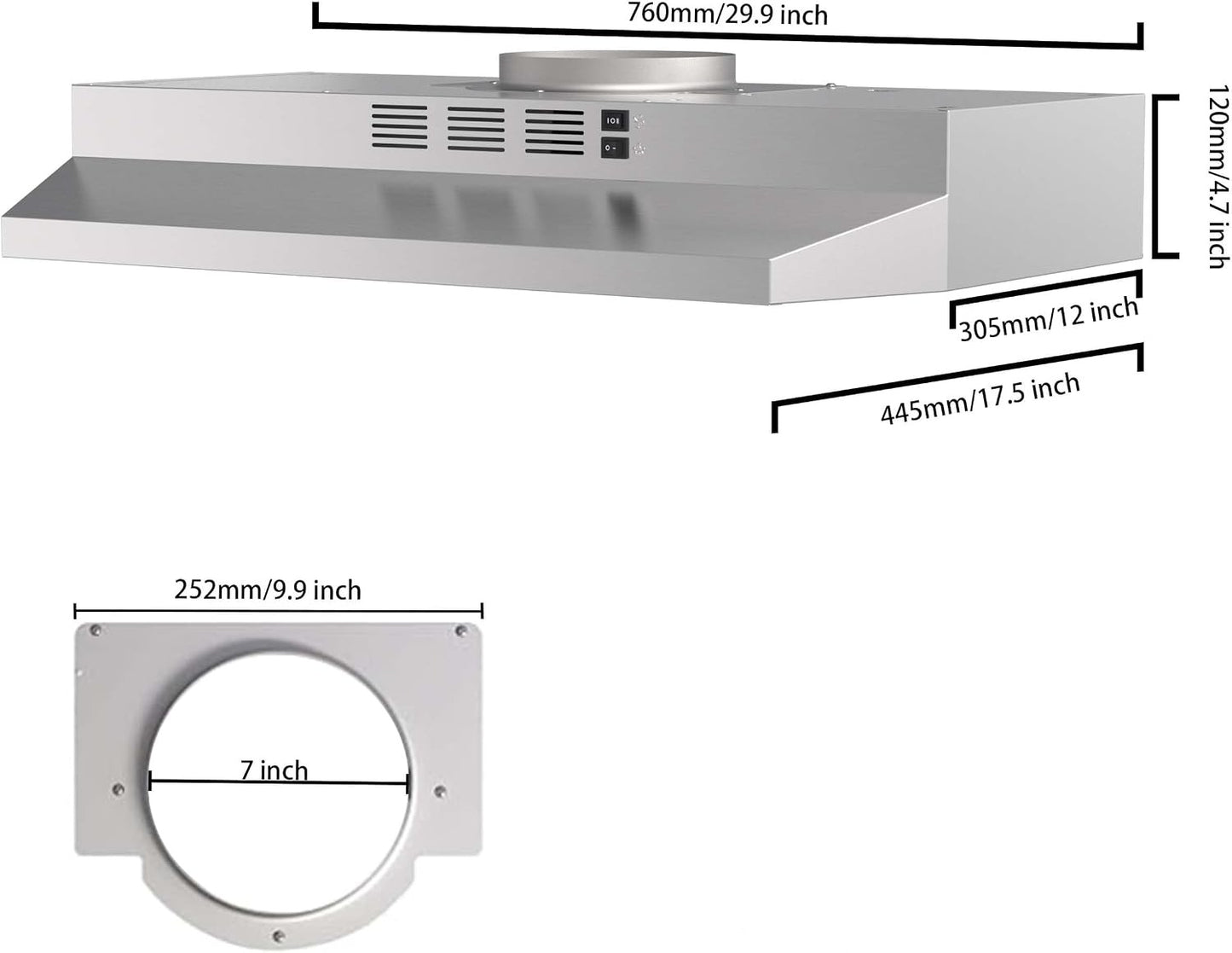 30 inch Range Hood Ducted/Ductless Convertible Stainless Steel Range Hood Under Cabinet with Rocker Button Control,Vent Hood with LED Light,2 Speed Exhaust Fan,Under Cabinet Hood,Silver
