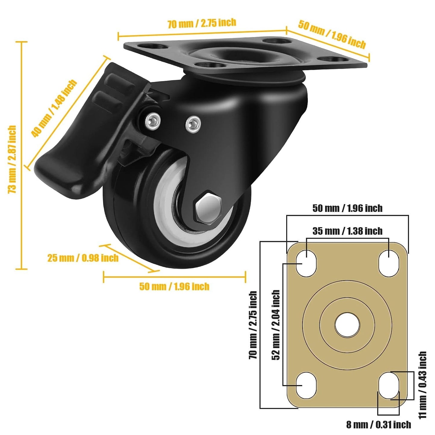 2" Caster Wheels, Casters Set of 4 Heavy Duty but Silent, Excellent Locking Casters with Polyurethane (PU) Wheels