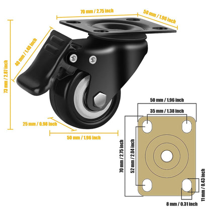2" Caster Wheels, Casters Set of 4 Heavy Duty but Silent, Excellent Locking Casters with Polyurethane (PU) Wheels
