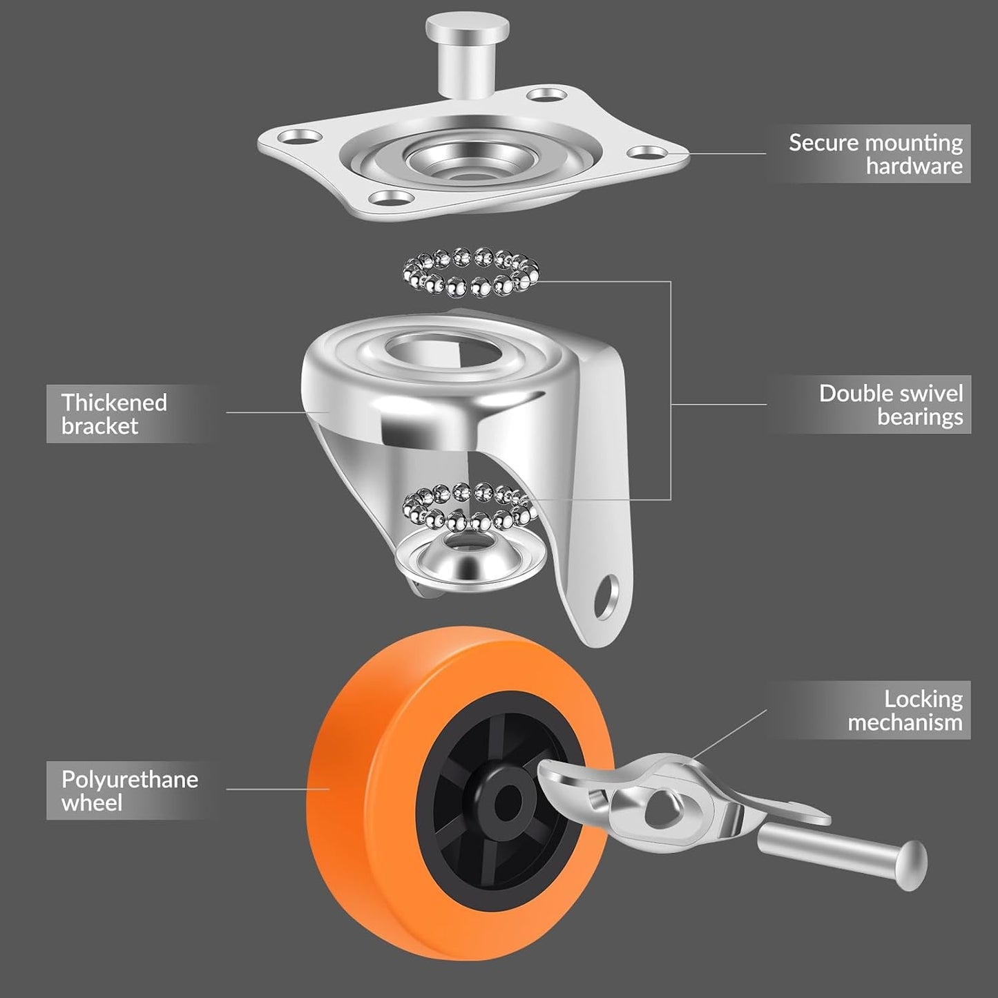 Caster Wheels, 3 Inch Casters Set of 4, Heavy Duty Caster with Brake, Locking Castors with Polyurethane Wheel