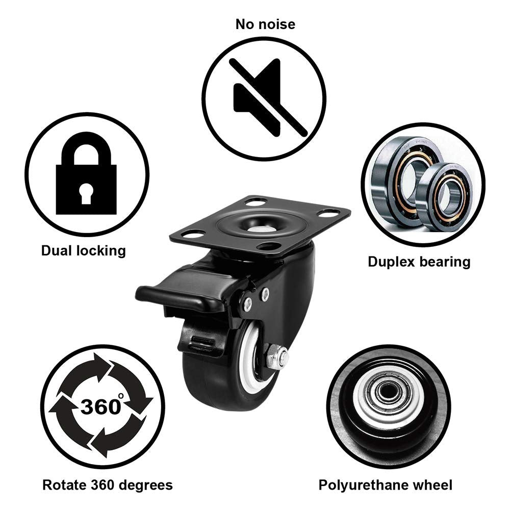 2" Swivel Casters Set of 4, Heavy Duty Locking Casters with Brakes
