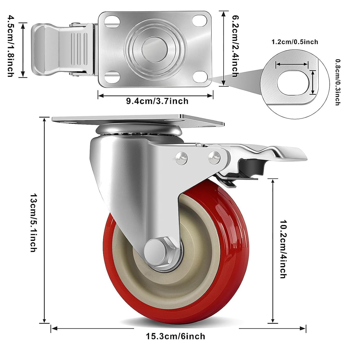 4 Inch Heavy Duty Swivel Caster Wheels with Brake, Set of 4