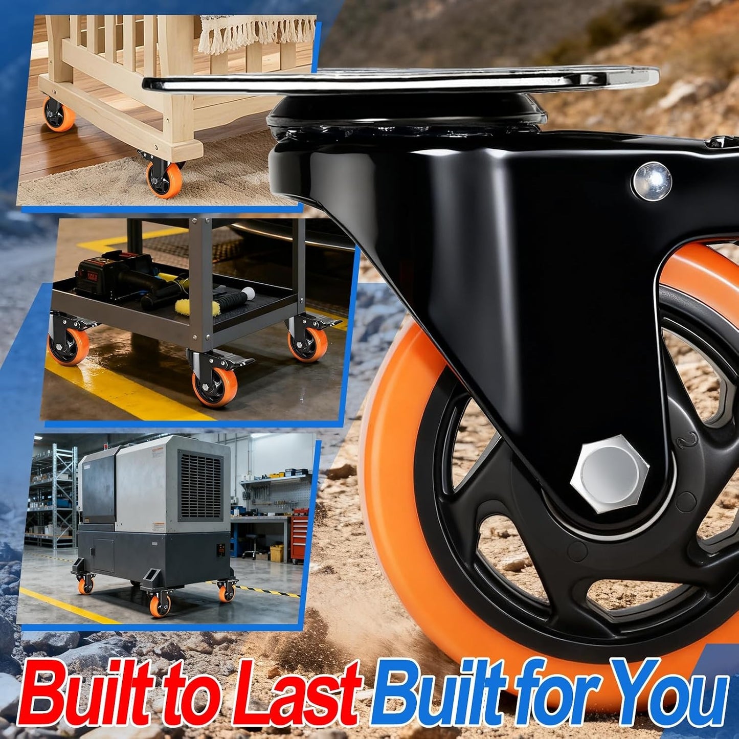 Caster Wheels, 4 Inch Caster Set of 4, Dual Locking PU Casters 2400LB, Swivel Casters for Furniture, Workbench & Tool Cart