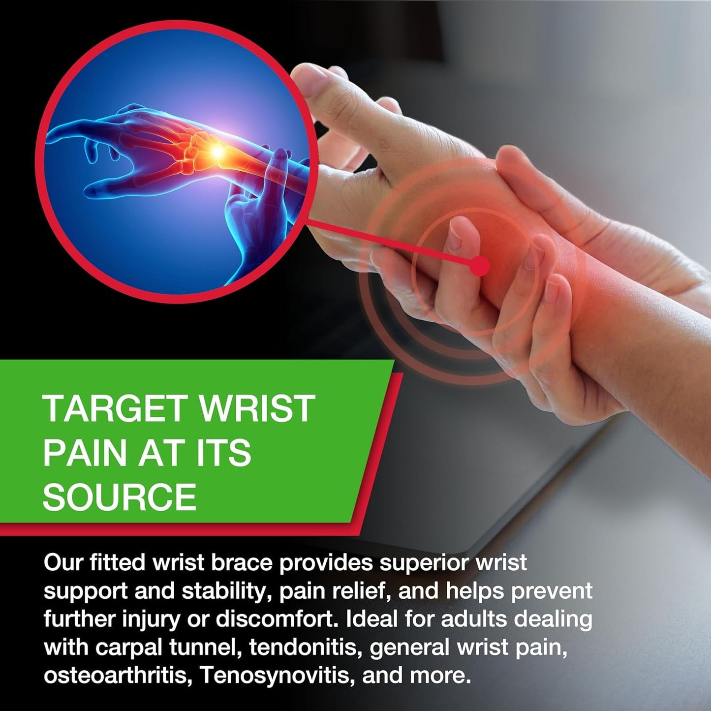 Green Fitted Wrist Brace for Men and Women, Wrist Pain Relief Support, Ideal for Carpal Tunnel, Tendonitis, Arthritis, Right Hand, Black