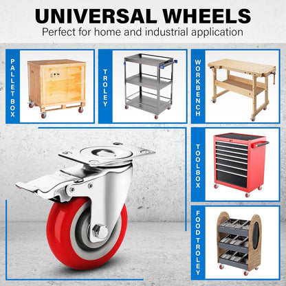 4 Inch Caster Wheels Heavy Duty Casters Set of 4 (2200lbs Load Capacity) Lockable Cart Wheels with Brakes, 360 Degree Rotatable