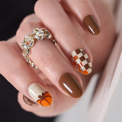 CurvLife 32-Piece Autumn Press-On Nails, Short Reusable Set
