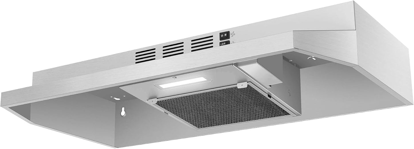 30 inch Range Hood Ducted/Ductless Convertible Stainless Steel Range Hood Under Cabinet with Rocker Button Control,Vent Hood with LED Light,2 Speed Exhaust Fan,Under Cabinet Hood,Silver