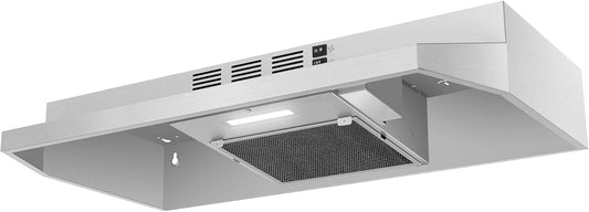 30 inch Range Hood Ducted/Ductless Convertible Stainless Steel Range Hood Under Cabinet with Rocker Button Control,Vent Hood with LED Light,2 Speed Exhaust Fan,Under Cabinet Hood,Silver
