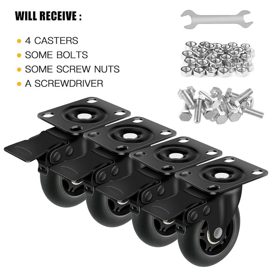 3" Casters Set of 4 ，4 Heavy Duty Quiet Casters, Max Load 2000LBS. Suitable to do Soft Wheels for cart