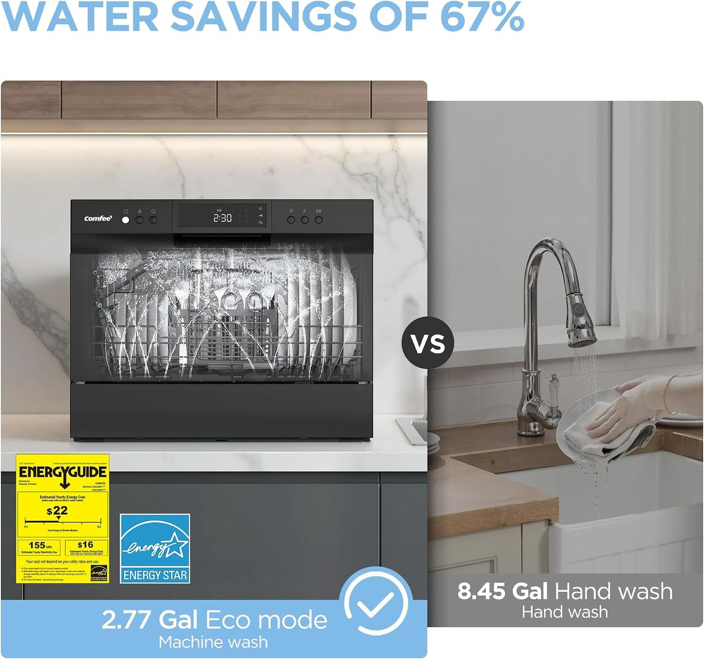 Countertop Dishwasher, Energy Star Portable Dishwasher, 6 Place Settings & 8 Washing Programs, Speed